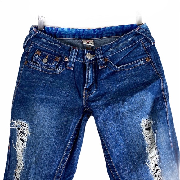 True Religion Joey Distressed Wide Leg Denim Jeans - Picture 4 of 7